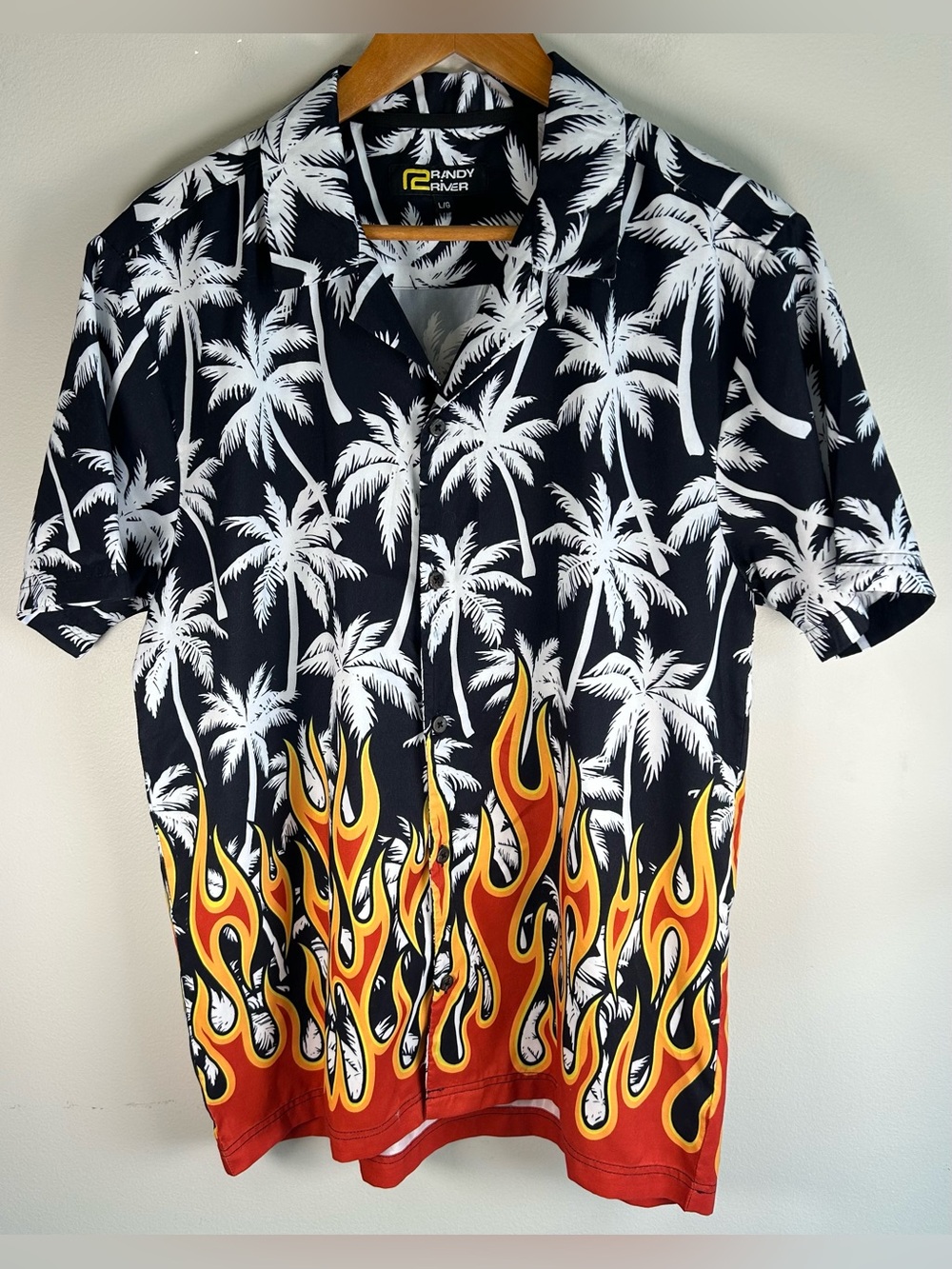 Randy River R2 Men’s Button Down Shirt Size L Flames Palm Trees RARE Vintage Y2K